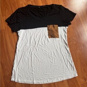 Black and White T-Shirt with Brown Pocket